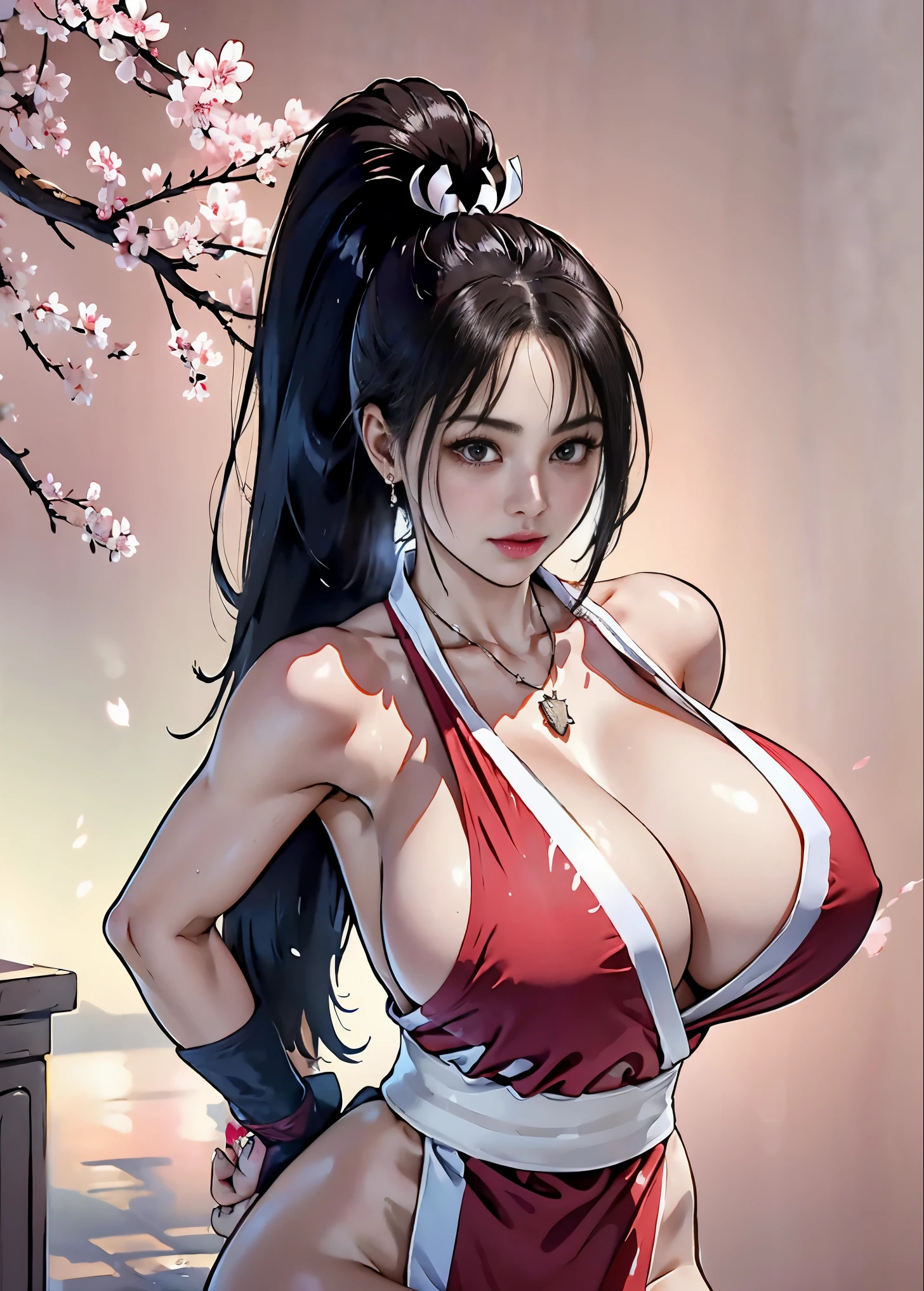 a preschool girl,ponytail, (maximum), only, muscle abs, jealous, looking at the audience, (long hair), (NSFW wet), (solid color background,monochrome background), Smile,Shy,Noble beauty,dignified, photographer, realistically, best quality,big breasts, necklace, earrings, staff, Detailed faces, pink background,(stable diffusion), Radial lighting, depth of field, huge breasts,Cherry blossoms,sakura,Mai Shiranui