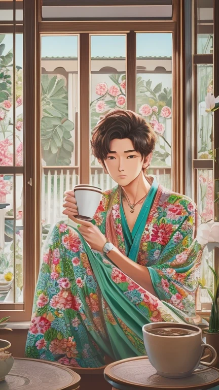 Masterpiece,best quality,Masterpiece,best quality,official art,Very detailed CG unity 8k wallpaper.,slightly retro color,rice print style,illustration,cute,korean men,flower,window sill,กระถางflower,drink coffee,Big crotch,Wear flesh-colored underwear..