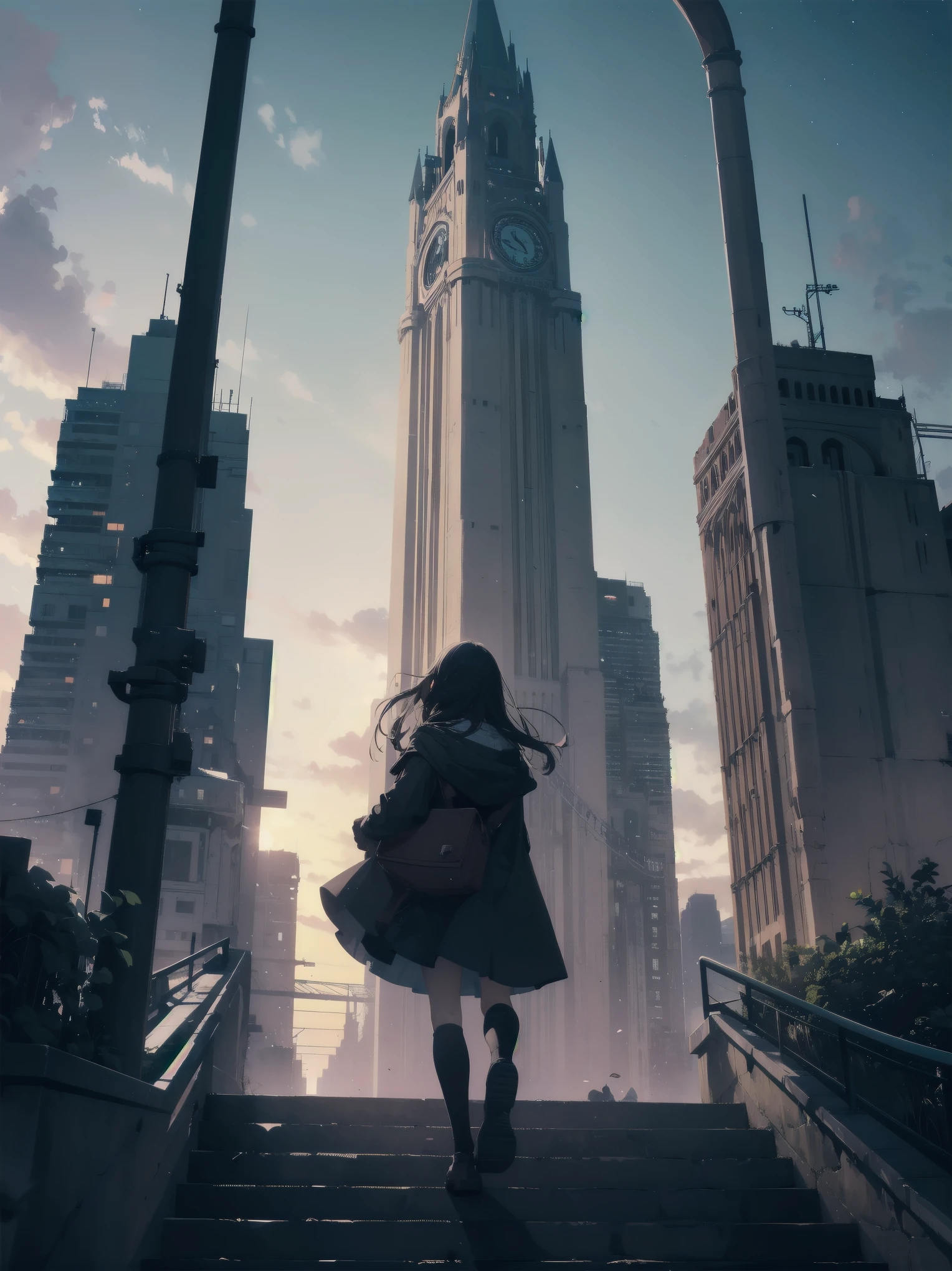 Girl looking up Scene 1: Twilight tower shadow The girl stands quietly against the sky, which is dyed an azure colour. Towering up in front of her is a huge structure called the Tower of Babel. Its form, which seems to pierce through the clouds, seems as if it is about to reach the heavens. The girl's gaze is directed towards the top of the tower. The tower, shrouded in evening darkness, creates a fantastic atmosphere. The surface of the tower is engraved with intricate patterns. It looks like ancient writing. The girl seems to sense something deep within the tower. Is it the memory of a masterpiece story or a longing for an unknown fantasy world? Scene 2: Memory of the starry sky The girl stands at the top of the tower amidst countless twinkling stars in the night sky. At her feet, the lights of the city shine like jewels. The girl closes her eyes and takes a deep breath. The scent of the night breeze is mixed with the old smell of the tower. The girl's mind replayed a famous story. It was a story of adventure and friendship that the girl read as a . The hero of the story, like the girl, climbed the Tower of Babel. There, she meets her friends and overcomes various difficulties. The girl dreamed that one day she, like the hero, would go on an adventure. Scene 3: The promise of the morning glow The girl left the tower just as the light of the morning sun was illuminating it. Looking back, the tower shone in the morning sun and even looked divine. The girl decides that one day she will climb this tower again. And when she does, she vows to spin out the rest of the masterpiece's story. Step by step, the girl walked into the future.
