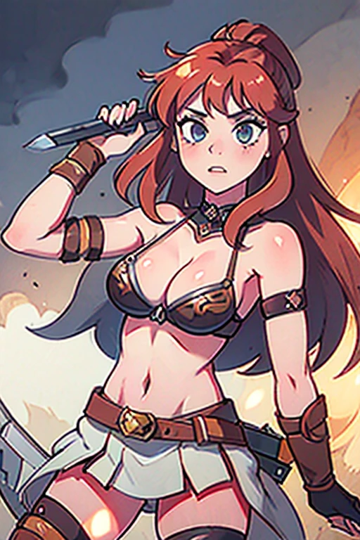 8k ((Masterpiece)), ((Best quality)), ((master piece)), ((best quality, 8k)), 1girl, human, female barbarian, viking woman, viking barbarian, redhead, expressive face, dynamic pose, holding axe, pelt armors on, clothes on, mohawk hair, berserker tattoo, barbarian_woman, RPG style