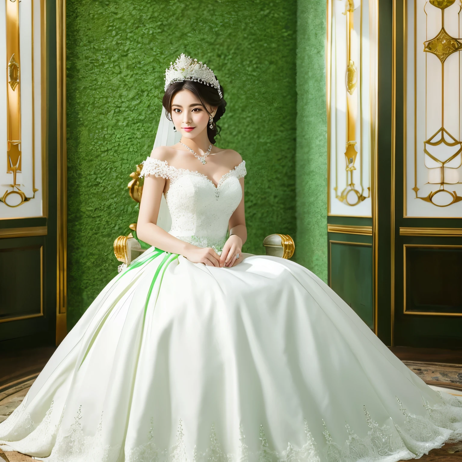 A queen in a luxurious white gown in white and green in white