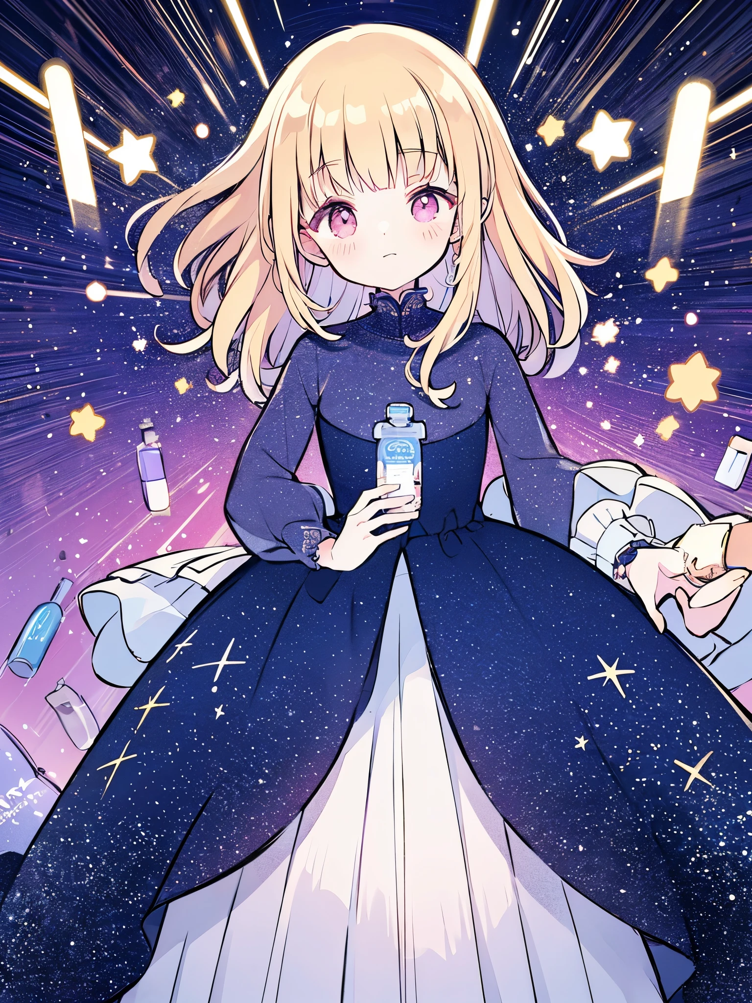 complex background, wishing star background, woman inside of the bottle wearing a ethereal mystical pink traslucent dress that reflects the stars , perfume promo art, mystic,complex drawing, highly detailed, Covergirl brand, promo art,a woman inside of a perfume bottle. artistic rendition, ethereal, starry night, midjourney style