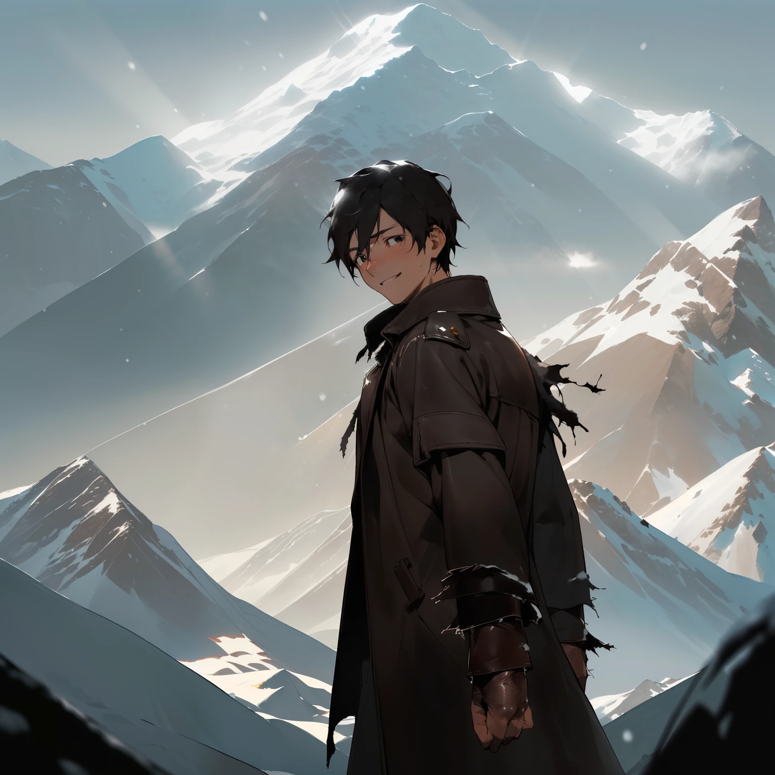 ((Short and dark-complexioned boy with dark brown hair and black eyes), (Hesitates to reveal a shy smile), (Setting: snow-capped mountains subtly illuminated by soft sunlight:1.9), (Approaching:1.2), ((Clad in old leather coats with frayed edges:1.4),),

An intriguing young boy with a short stature and dark complexion graces the scene. His dark brown hair cascades gently, and his black eyes shine with an underlying shyness. As he walks closer, a barely perceptible smile plays upon his lips. The backdrop of the mountains, snow-capped and bathed in soft