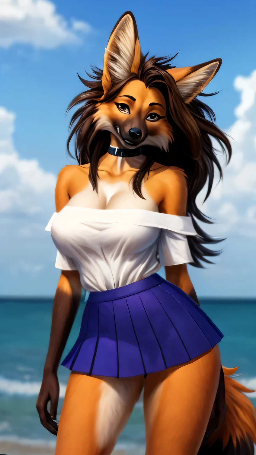 Maned wolf, female, off-shoulder top, choker, brunette, skirt, thick thighs, wide hips, small waist, tall, busty, toned figure, cleavage, hair flip, (anthro furry:1.3, snout:1.2, anthro:1.3, furry:1.2, female:1.2, maned wolf tail) (florida background) adorable, feminine, extremely detailed, Cinematic, captivating (perfect posture, kind expression)