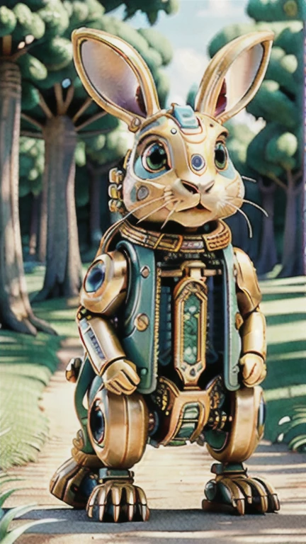 ((masterpiece)), ((best quality)), 8K, high detail, Super detailed, A mechanical rabbit, harmoniously integrated into the beauty of nature, Capturing the balance between technology and environment, ((nature)), ((conformity)), ((Balance between technology and environment)),  gear mechanism, under the tree,light,