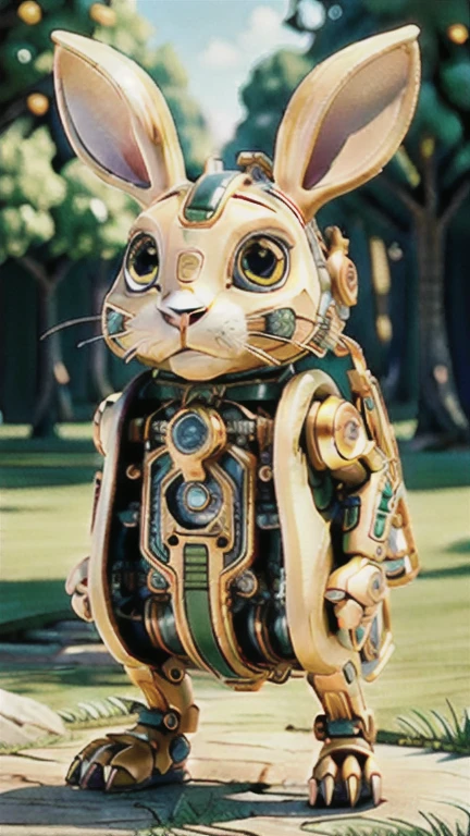 ((masterpiece)), ((best quality)), 8K, high detail, Super detailed, A mechanical rabbit, harmoniously integrated into the beauty of nature, Capturing the balance between technology and environment, ((nature)), ((conformity)), ((Balance between technology and environment)),  gear mechanism, under the tree,light,