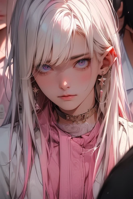 (muste piece), (best quality), very detailed, (((Two friendly high school boys:1.5))), perfect face, beautiful face, very detailed face,(white haired man:1.3),(pink haired man:1.3),School,classroom,student uniform,white uniform, tie,shirt