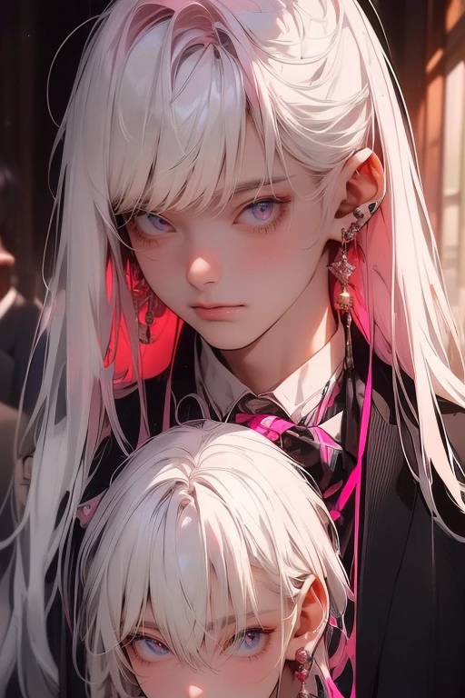 (muste piece), (best quality), very detailed, (((Two friendly high school boys:1.5))), perfect face, beautiful face, very detailed face,(white haired man:1.3),(pink haired man:1.3),School,classroom,student uniform,white uniform, tie,shirt