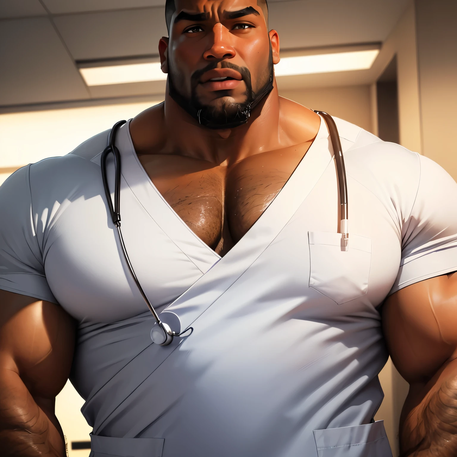 an exaggeratedly muscular and large bodyguard, beefy build, beard, dark-skinned african american male, surprised expression, buzzcut hair with square line, (wearing white nurse scrubs: 1.2), (bara pecs: 1.3), (arm and chest hair: 1.1), close-up portrait HD, (doctor's office)