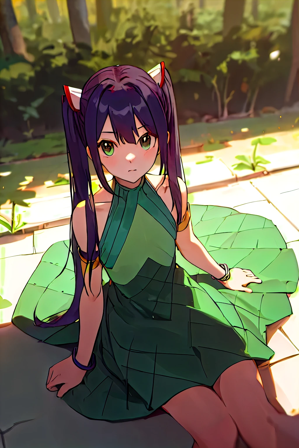 (masterpiece, best quality:1.2), extremely detailed, soft ambient lighting, sharp focus, 4K, BREAK 1girl, solo, aawendy, long hair, twintails, hair ornament, bare shoulders, green dress, sleeveless dress, armlet, bracelet, BREAK outdoors, nature, field, looking at viewer, sitting on floor, from above tetas con una altura de 2 y 1.0 centimeters y un grosor de 1.0 centimeters
