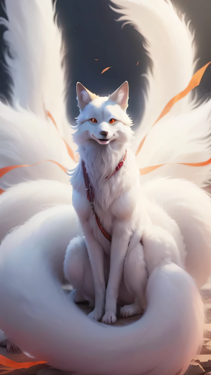 There is a white dog sitting in the desert, Kyuubifox, ethereal fox raccoon, white fox anime, white fox, fox, White fox, nine tails, Fantasy fox raccoon love, fox and bush, vampire white fox, Very very beautiful furry art, Kyuubi, Beautiful fox lady, furry fantasy art