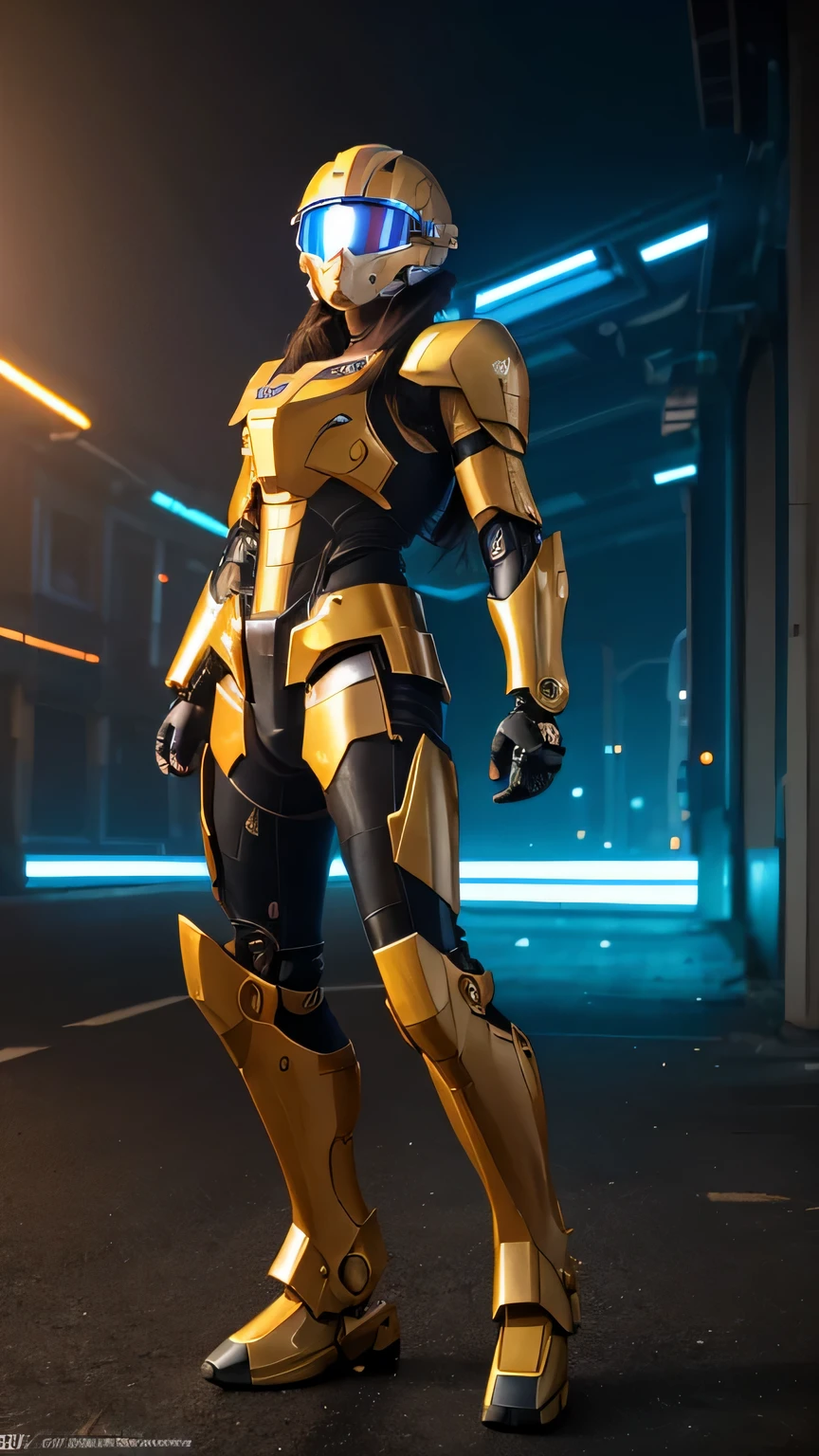 masterpiece, 最high quality, , (alone), 1 girl, look up, dim light, , horizon_(apex legend), goggles, blue eyes, brown hair, gauntlet, shoulder armor, (Mecha Helmet), (science_fiction), outdoor, street, neon light, cyber punk, masterpiece, 最high quality, high quality, High resolution, (((full body portrait)))
