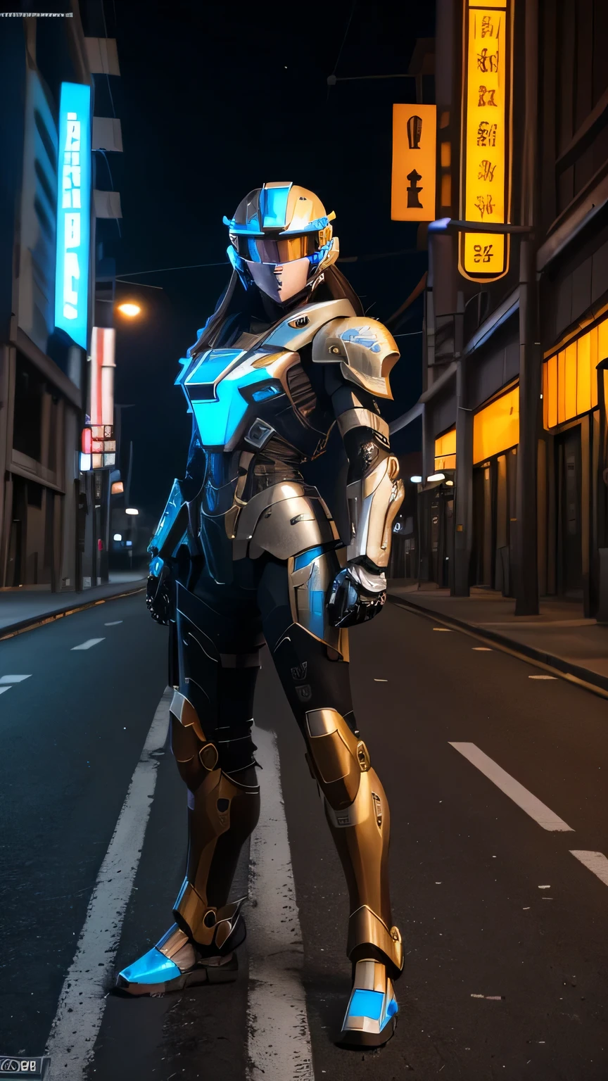 masterpiece, 最high quality, , (alone), 1 girl, look up, dim light, , horizon_(apex legend), goggles, blue eyes, brown hair, gauntlet, shoulder armor, (Mecha Helmet), (science_fiction), outdoor, street, neon light, cyber punk, masterpiece, 最high quality, high quality, High resolution, (((full body portrait)))