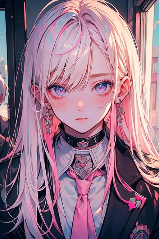 (muste piece), (best quality), very detailed, (((Two friendly high school boys:1.5))), perfect face, beautiful face, very detailed face,(white haired man:1.3),(pink haired man:1.3),School,classroom,student uniform,white uniform, tie,shirt