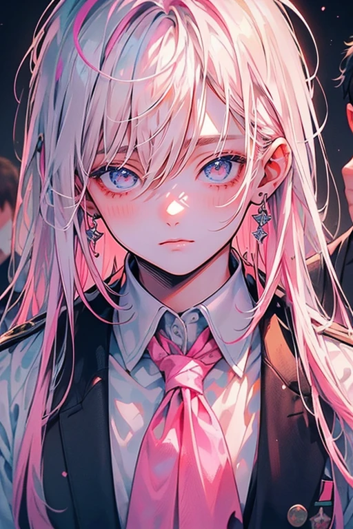 (muste piece), (best quality), very detailed, (((Two friendly high school boys:1.5))), perfect face, beautiful face, very detailed face,(white haired man:1.3),(pink haired man:1.3),School,classroom,student uniform,white uniform, tie,shirt