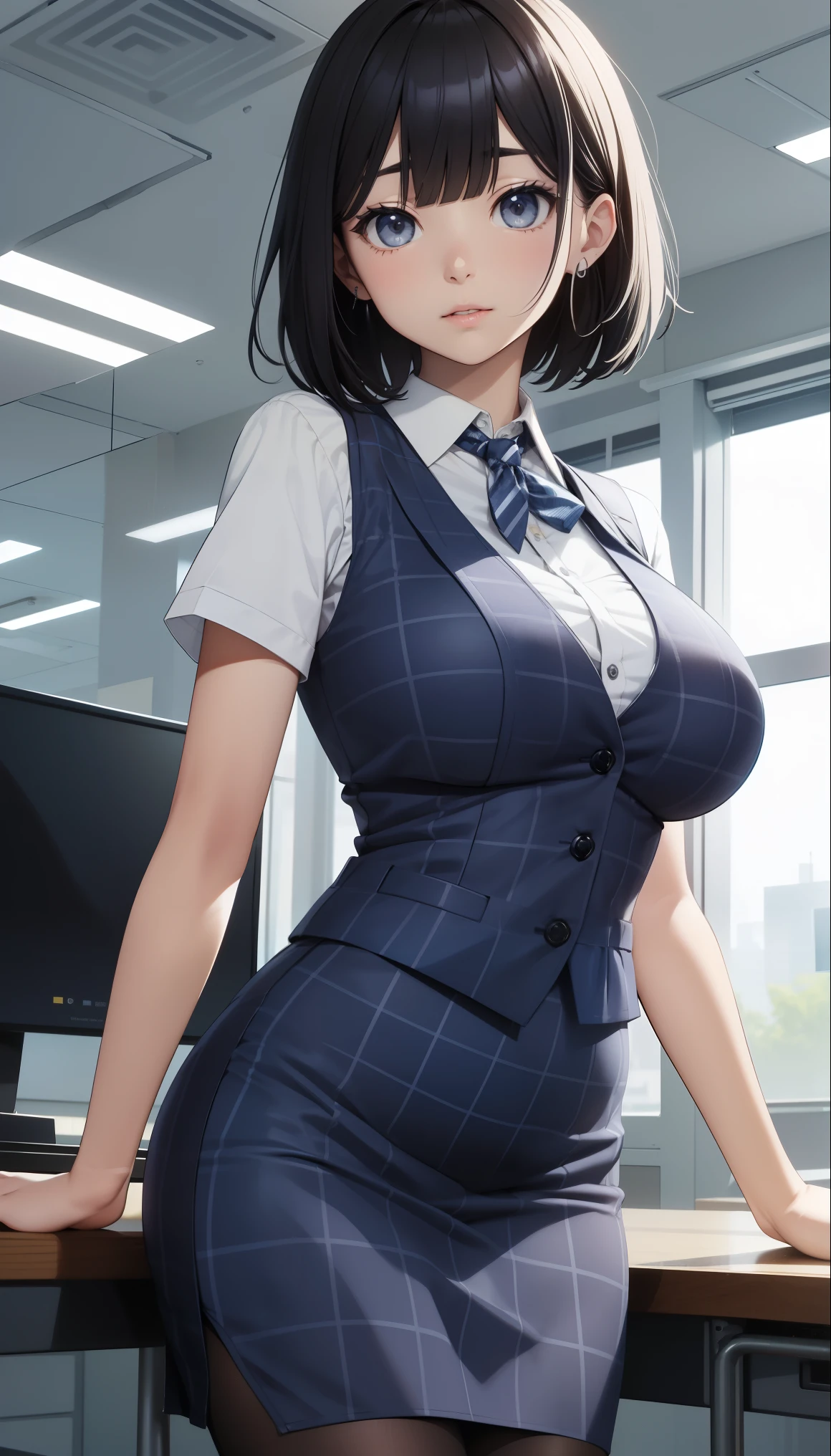 highest quality, debris flies、Beautiful woman、officeレディー、black hair、(black eyes、blunt bangs)、short hair、チェック柄のダークブルーのofficeスーツ)、new employee,whole bodyショット、Female OL、break(checkered dark blue vest、white cutter shirt、Navy blue long tight pencil skirt:1.2)、(black tights、high heels)、break(office:1.3)、(((whole body)))、(((evening)))、(((big breasts)))