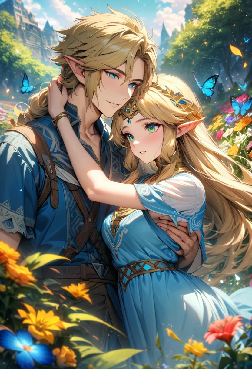 absurdres, highres, ultra detailed, HDR), masterpiece, vibrant blue eyes, Link, blond medium hair, blue tunic, The legend of zelda breath of the wild, Princess Zelda, blond long hair, blue dress, vibrant green eyes, a handsome man together with a beautiful woman, couple, elf, flower garden, butterflies, petals