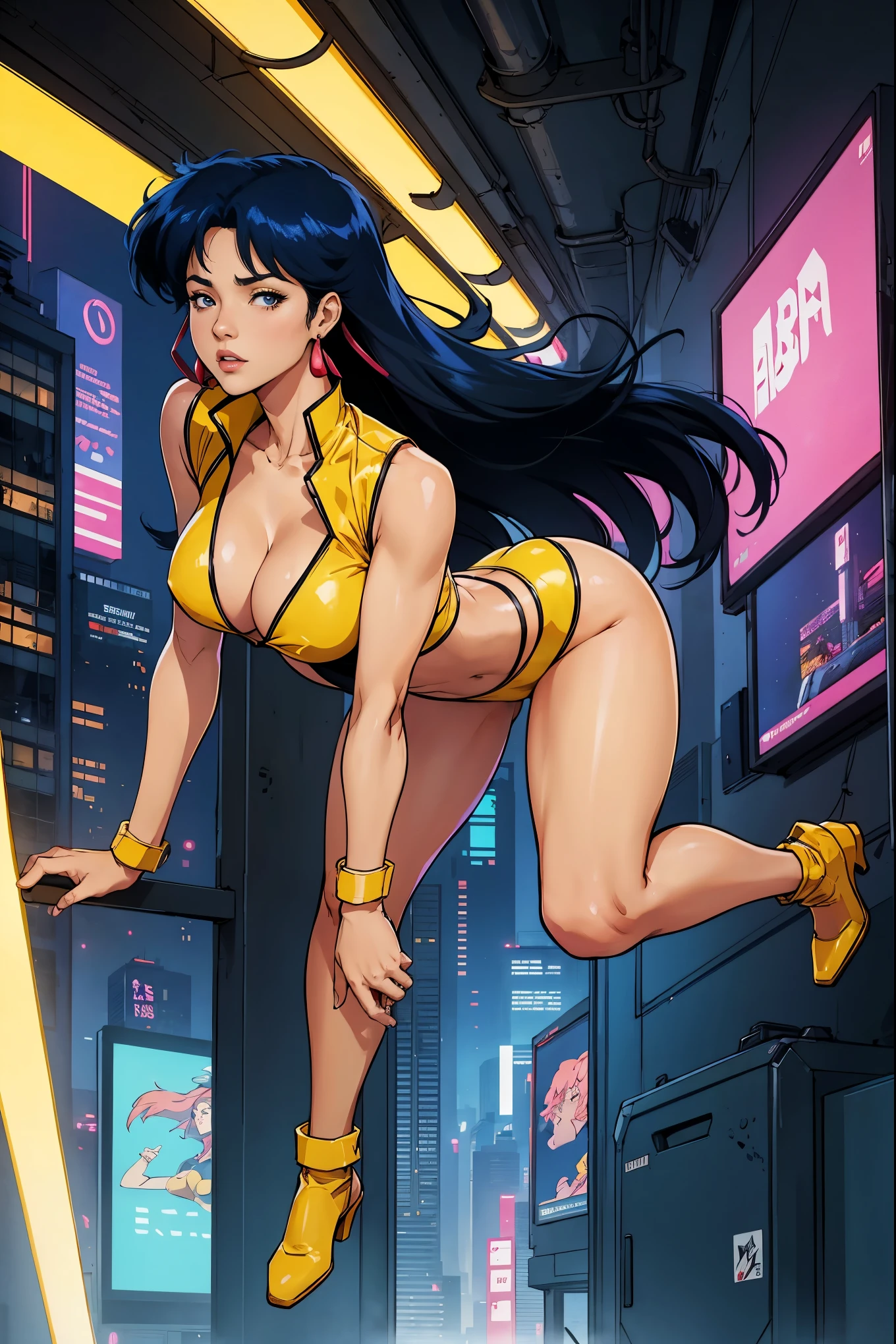 Yuri from The Dirty Pair wearing a skimpy yellow outfit, cleavage, Asian beauty, long black hair, cyberpunk city background