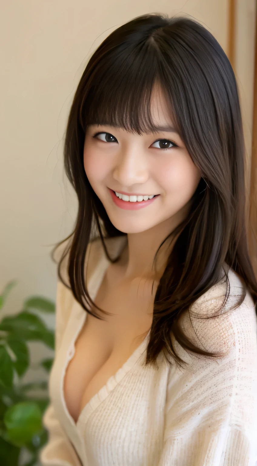 masterpiece,best quality,(Japanese ),((Beautiful girl)),cleavage,indoor,(perfect body beauty:1.2),(shy smile),beautiful teeth,