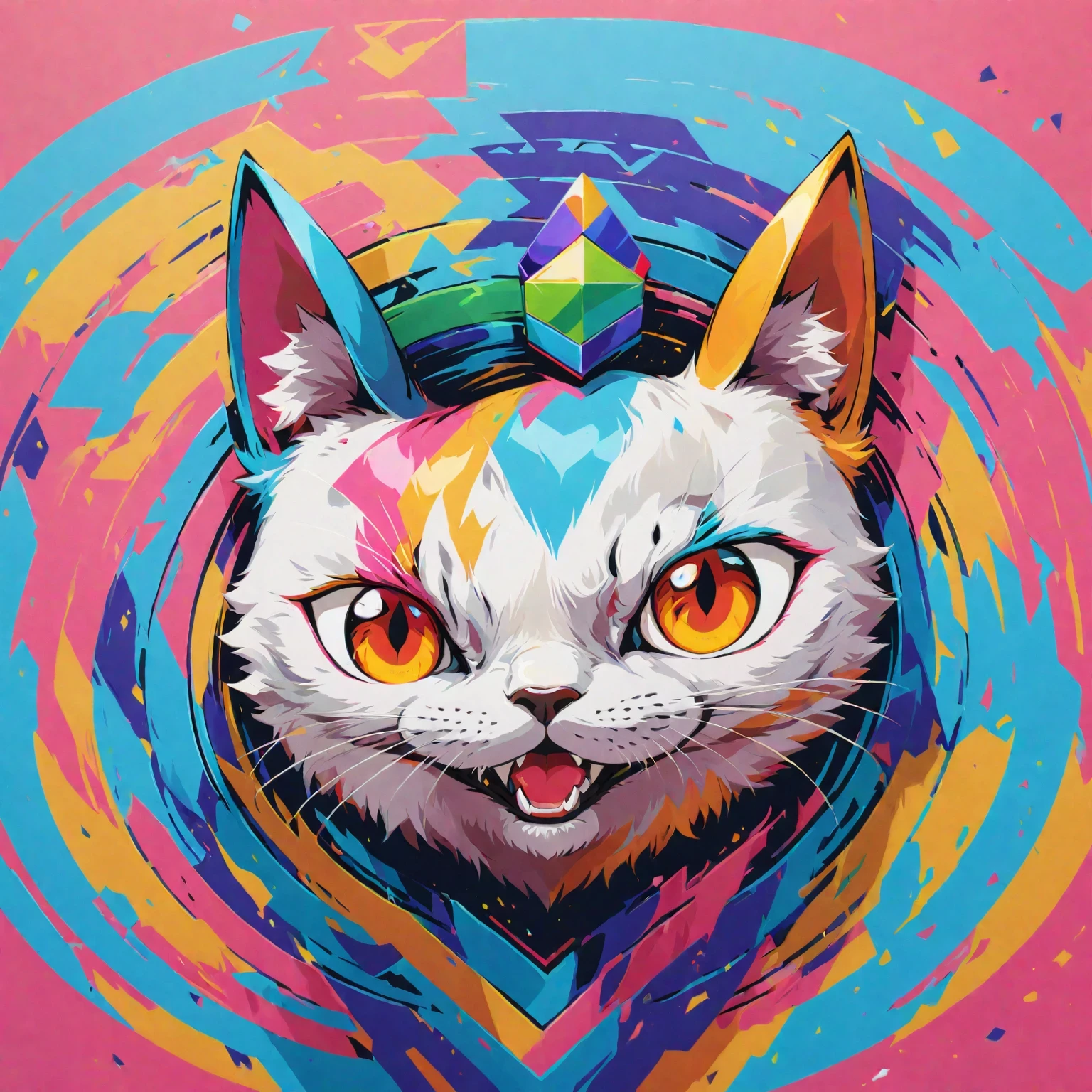 diy11，a crowned cat in a modern and pop art style, with geometric twists and rainbow hues seamlessly incorporated into the design