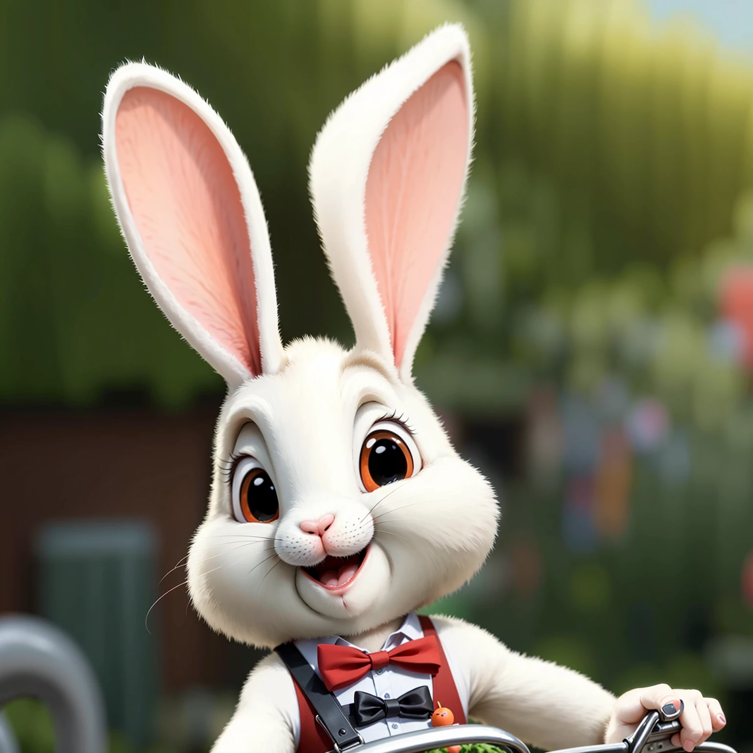 Arav wearing orange bow tie and suspenders holding carrot, 可爱的Anthropomorphic Rabbit, Anthropomorphic Rabbit,Two white teeth, Judy Hopps, mob_Features, the white rabbit, white rabbit, a portrait of Judy Hopps, Judy Hopps from zootopia, Cartoon, bugs bunny, portrait of a bugs bunny, Roger Rabbit,Aperture f22,super clear,(((Cartoon人物1.3))),(((super cute bunny))),A mischievous expression,HD real,black eyes,flying figures,HD pictures,Sony SLR lens,mid range shooting,soft light,masterpiece