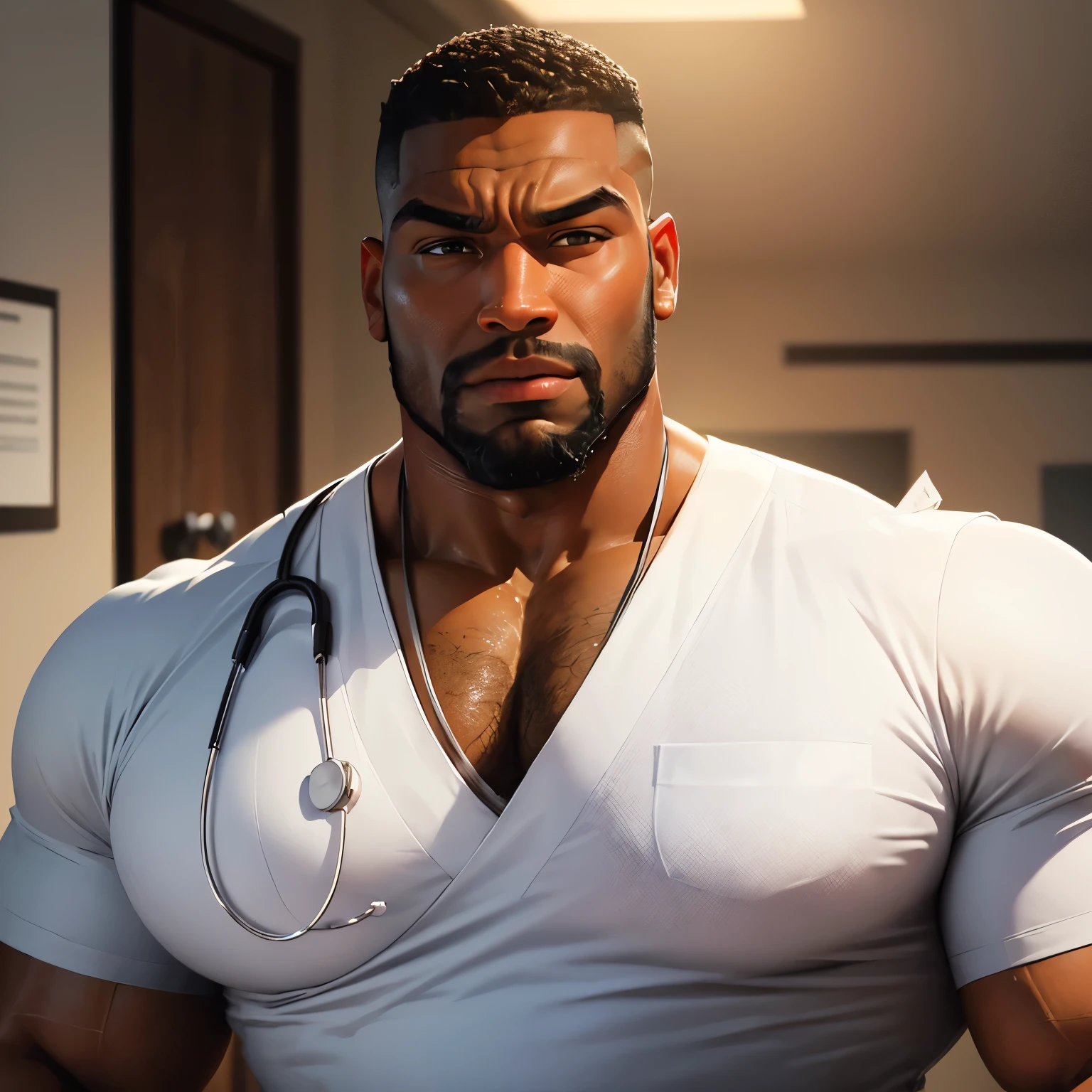an exaggeratedly muscular and large bodyguard, beefy build, beard, dark-skinned african american male, surprised expression, buzzcut hair with square line, (wearing white nurse scrubs: 1.2), (bara pecs: 1.3), (arm and chest hair: 1.1), close-up portrait HD, (doctor's office)