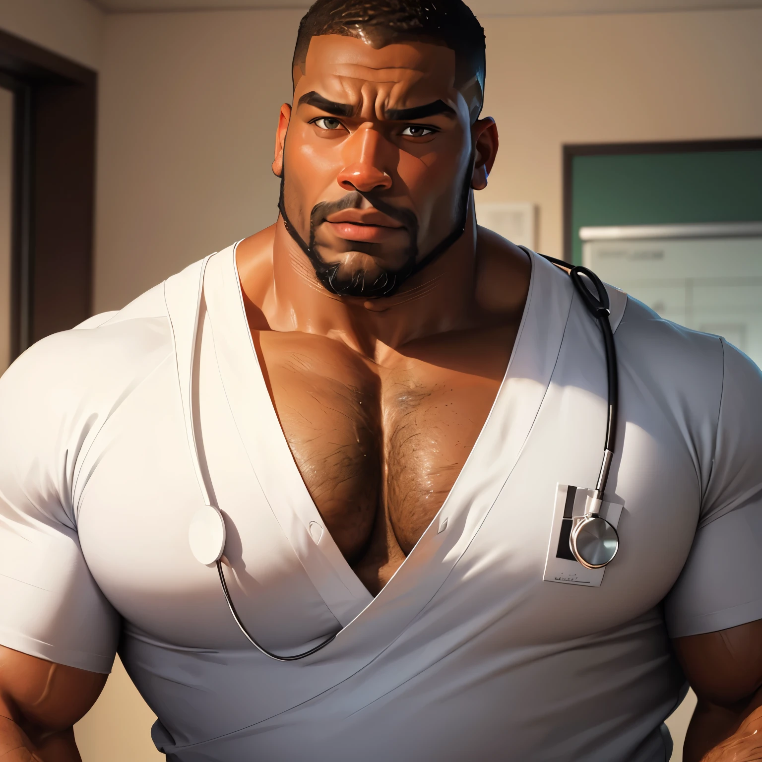 an exaggeratedly muscular and large bodyguard, beefy build, beard, dark-skinned african american male, surprised expression, buzzcut hair with square line, (wearing white nurse scrubs: 1.2), (bara pecs: 1.3), (arm and chest hair: 1.1), close-up portrait HD, (doctor's office)