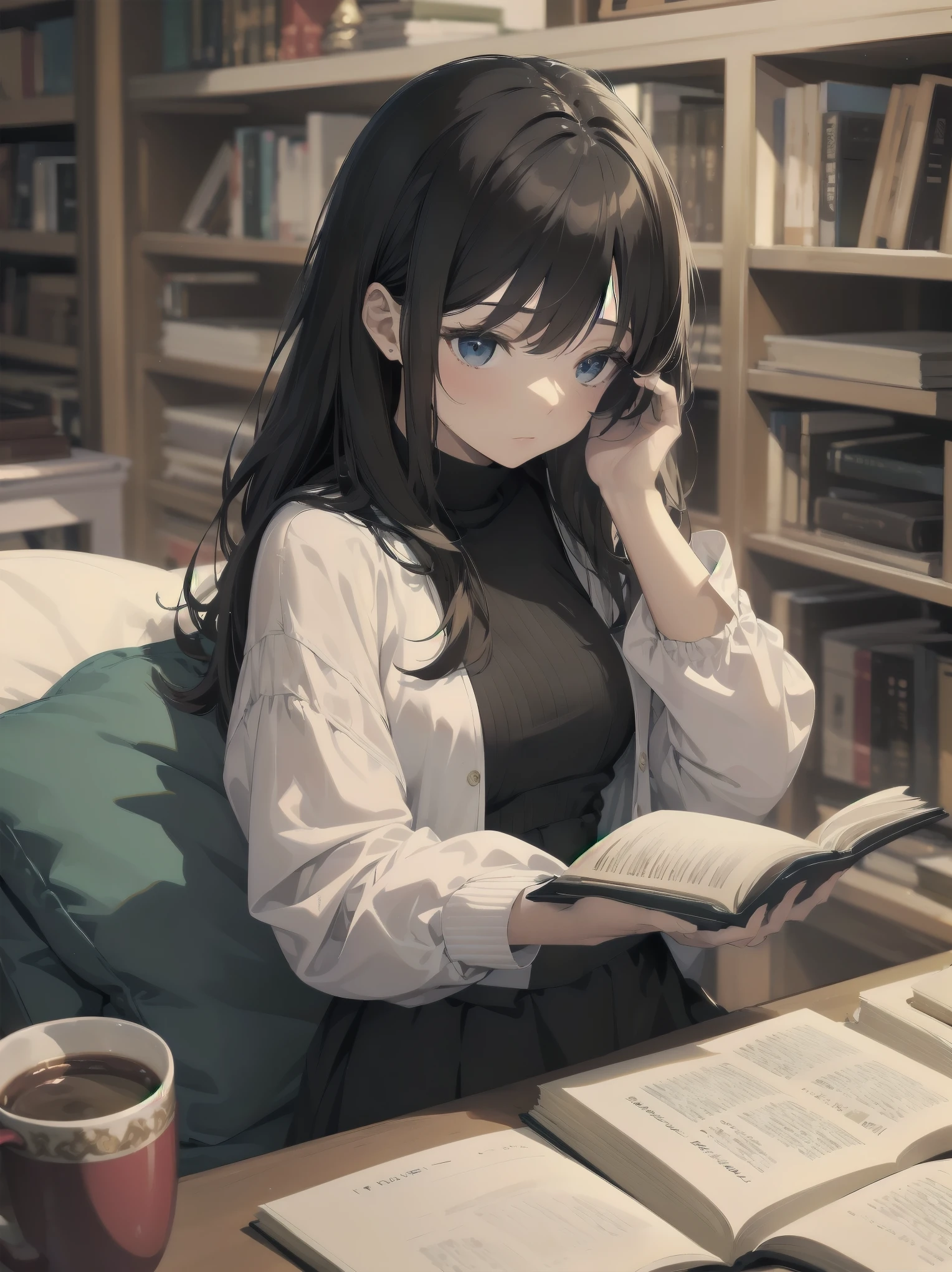 indulgence Quiet reading: in a corner of the library, she was immersed in a new novel. Her hands never stop turning the pages and she murmurs to herself, "This is true savouring". For her, reading was the greatest pleasure.