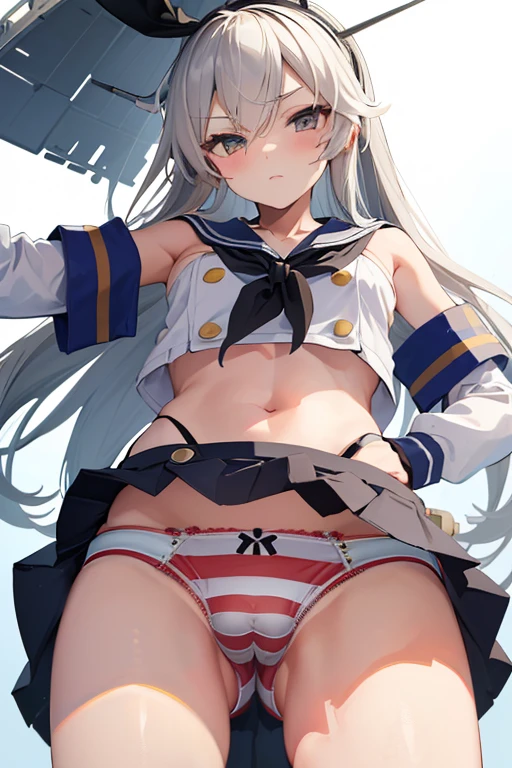 masterpiece, best quality, ultra detailed, ((striped panties)), (cowboy shot, crotch is close-up:1.2, ground-level, from below, mini skirt, KanColle Shimakaze, from front),