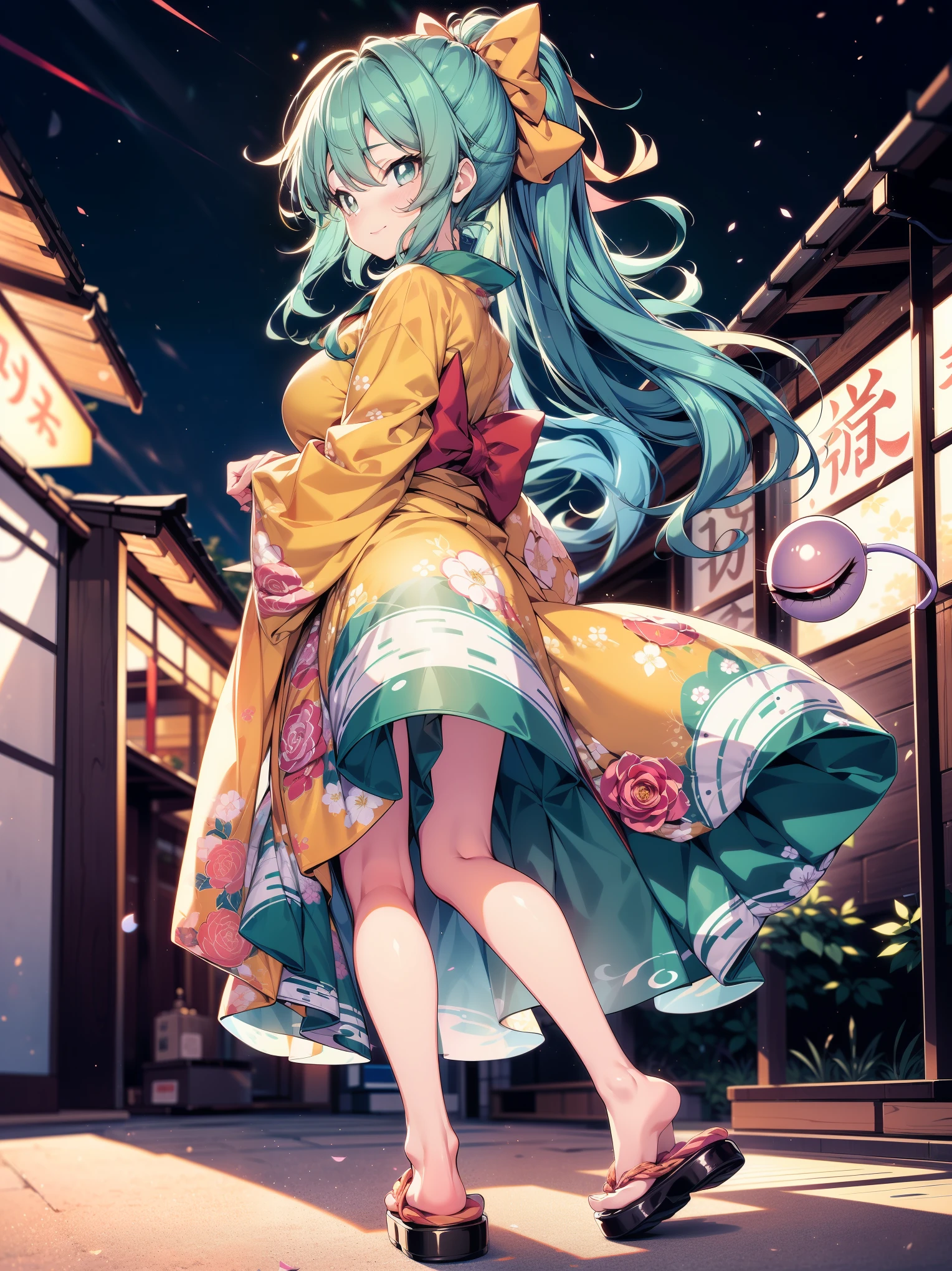 side view, (masterpiece), (colorful), (ultra-high resolution, depth of field:1.2), looking at viewer, (komeiji koishi:1.2), (1woman), adult, Touhou project, (medium breasts), (dark green eyes), white pupils, glowing eyes, green hair, wavy hair, (long hair), yellow ribbon, ponytail, (wearing a yellow yukata1.2). faint roses pattern, (A closed blue-purplish "third eye" is positioned over her heart, with cords wrapped around her torso and attached to each of her ankles), Japanese market scenery, night, sakura trees in the background, gentle smile