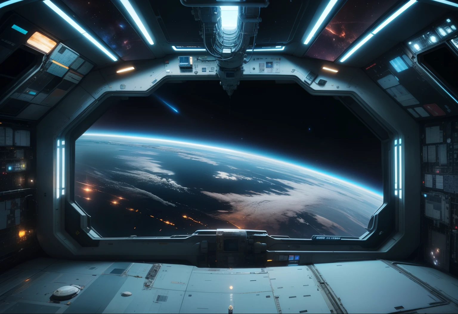 View of the Earth from the space station, outer space environment, background space station, space seen from window, Spaceship corridor background, gateway to outer space, looking into space, Movie Space Landscape, spaceship window, space background, Detailed sci-fi background, space background, inside a space station部, inside a space station, Space gas station