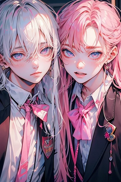 (muste piece), (best quality), very detailed, (((Two friendly high school boys:1.5))), perfect face, beautiful face, very detailed face,(white haired man:1.3),(pink haired man:1.3),School,classroom,student uniform,white uniform, tie,shirt, special A class anime,holding his face