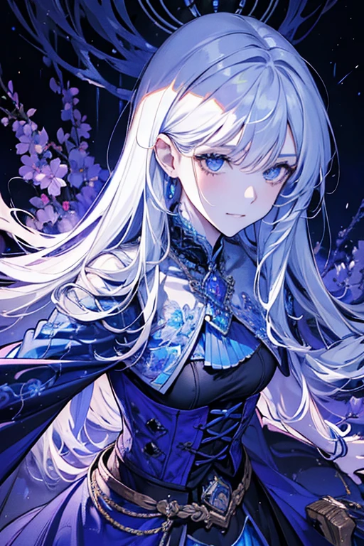 (absurdres, highres, ultra detailed), 1 female, adult, beautiful, tall woman, broad shoulders, finely detailed eyes, light color hair, fantasy, complex pattern, detailed face, throne, magic effect, best ratio four finger and one thumb, ice, bitter cold, cold snap, smile, (dutch angle), closed mouth