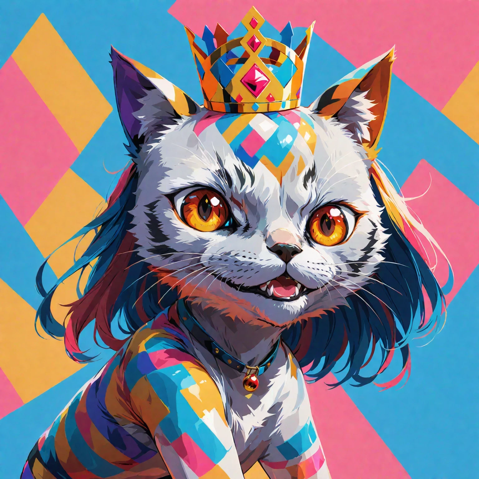 diy11,a crowned cat in a modern and pop art style, with geometric twists and rainbow hues seamlessly incorporated into the design