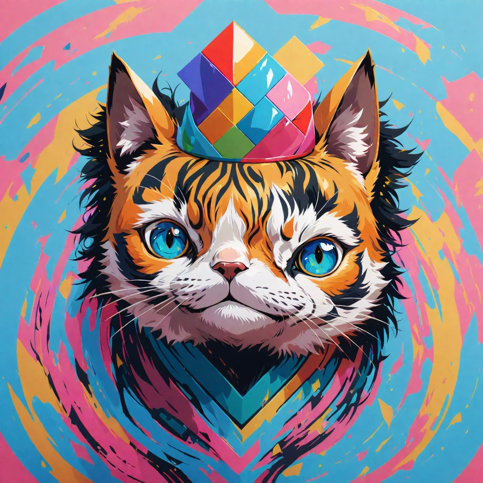 diy11,a crowned cat in a modern and pop art style, with geometric twists and rainbow hues seamlessly incorporated into the design