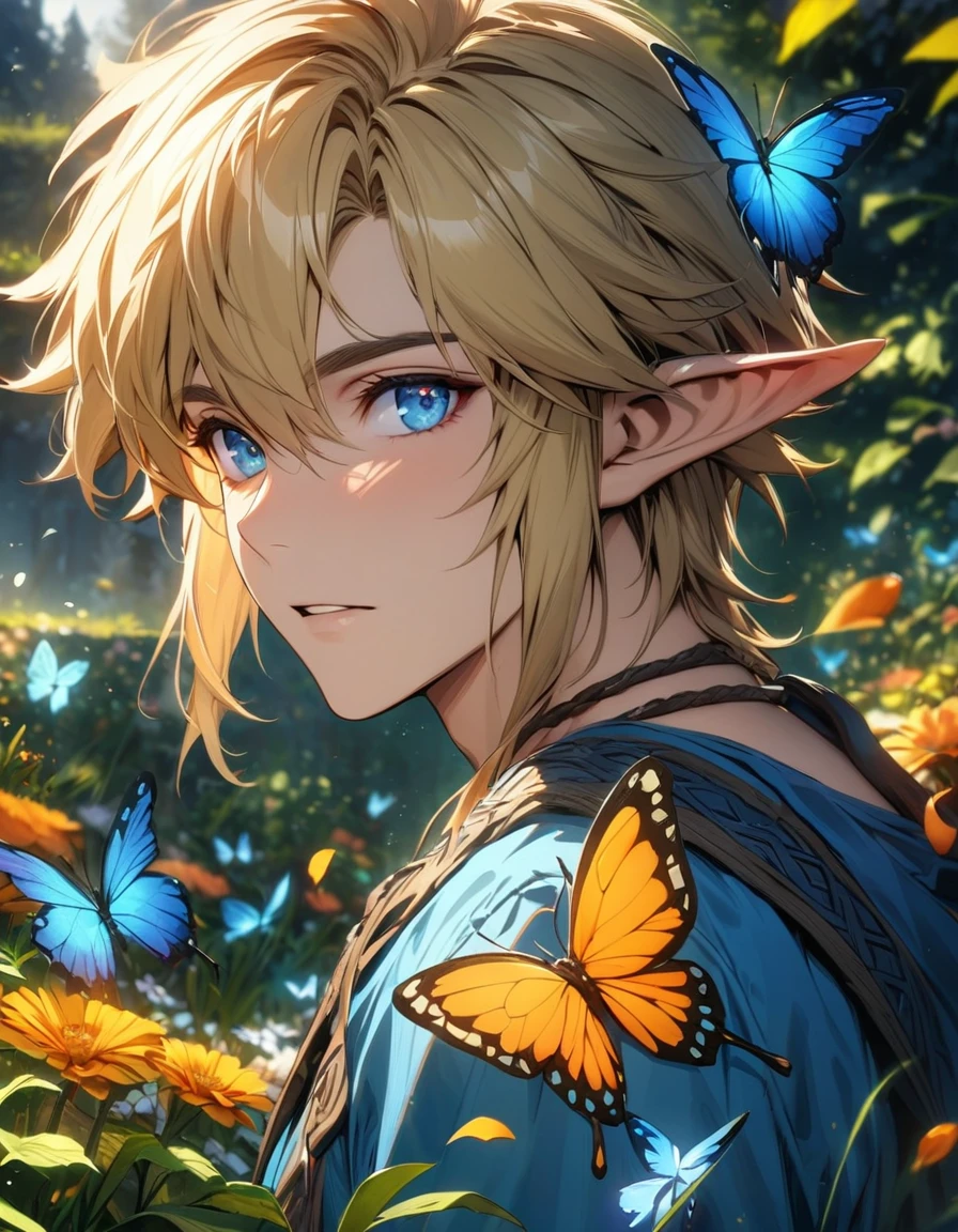 absurdres, highres, ultra detailed, HDR), masterpiece, vibrant blue eyes, 1man, handsome, Link, blond hair, blue tunic, The legend of zelda breath of the wild, elf, flower garden, butterflies, petals