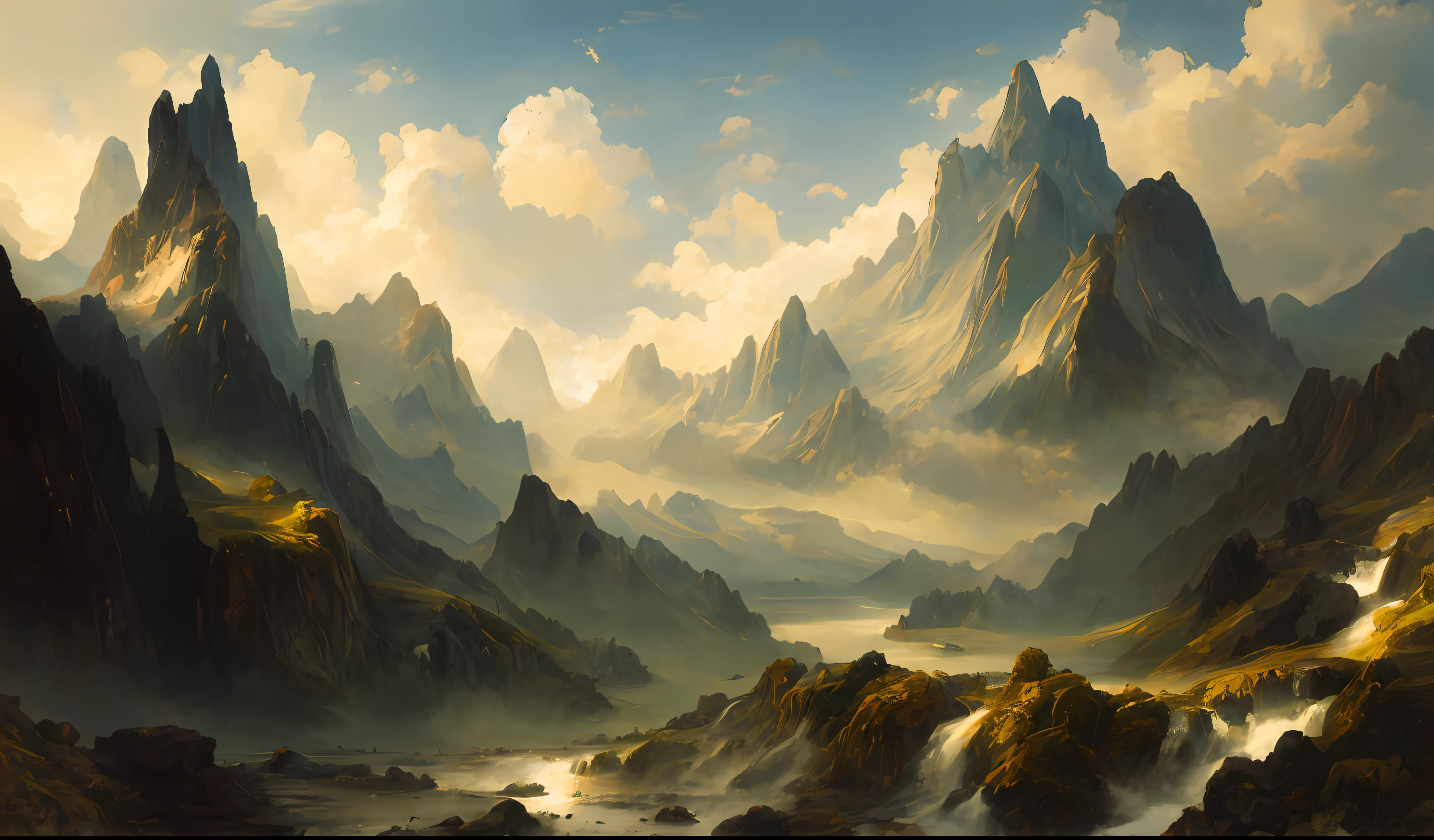 烏雲背景的mountain view照片，There is a lake、mountains and beaches, many waterfalls, Inspire by Thomas Moran, mountain view, fog mountains, detailed digital painting, Detailed soft painting, Inspire, soft digital painting, high detail digital painting, low detail. digital painting, Draw in high resolution, 8 k resolution digital painting, 8k resolution digital painting, Detailed painting 4k, Surrealism