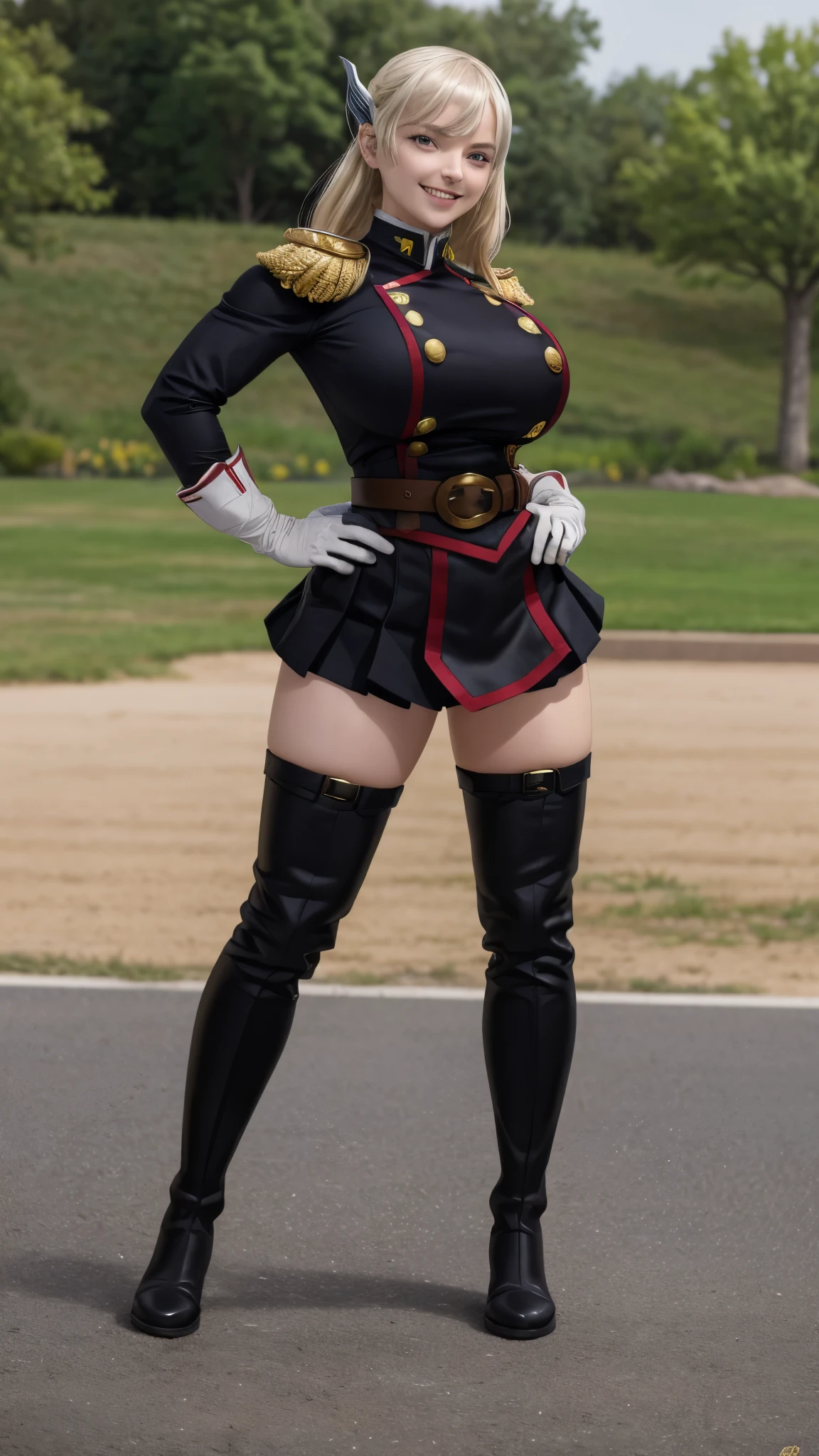 masterpiece, best quality, absurdres, perfect anatomy, 1girl, solo, KyoukaUzen, hair ornament, military uniform, white gloves, epaulettes, belt, pleated skirt, black skirt, thigh boots, smile, hands on the hips, outdoors, big breast, thicc thighs
