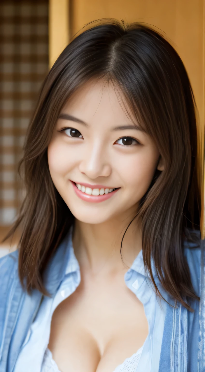 masterpiece,best quality,(Japanese ),((Beautiful girl)),cleavage,indoor,(perfect body beauty:1.2),(shy smile),beautiful teeth,
