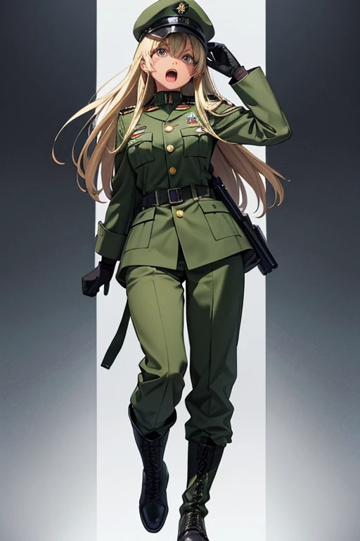 anime picture、Full body portrait、dark green military uniform、A 38-year-old dark-skinned woman, about 170cm tall.、screaming with open mouth、medium-length blonde hair、military cap、gloves、boots