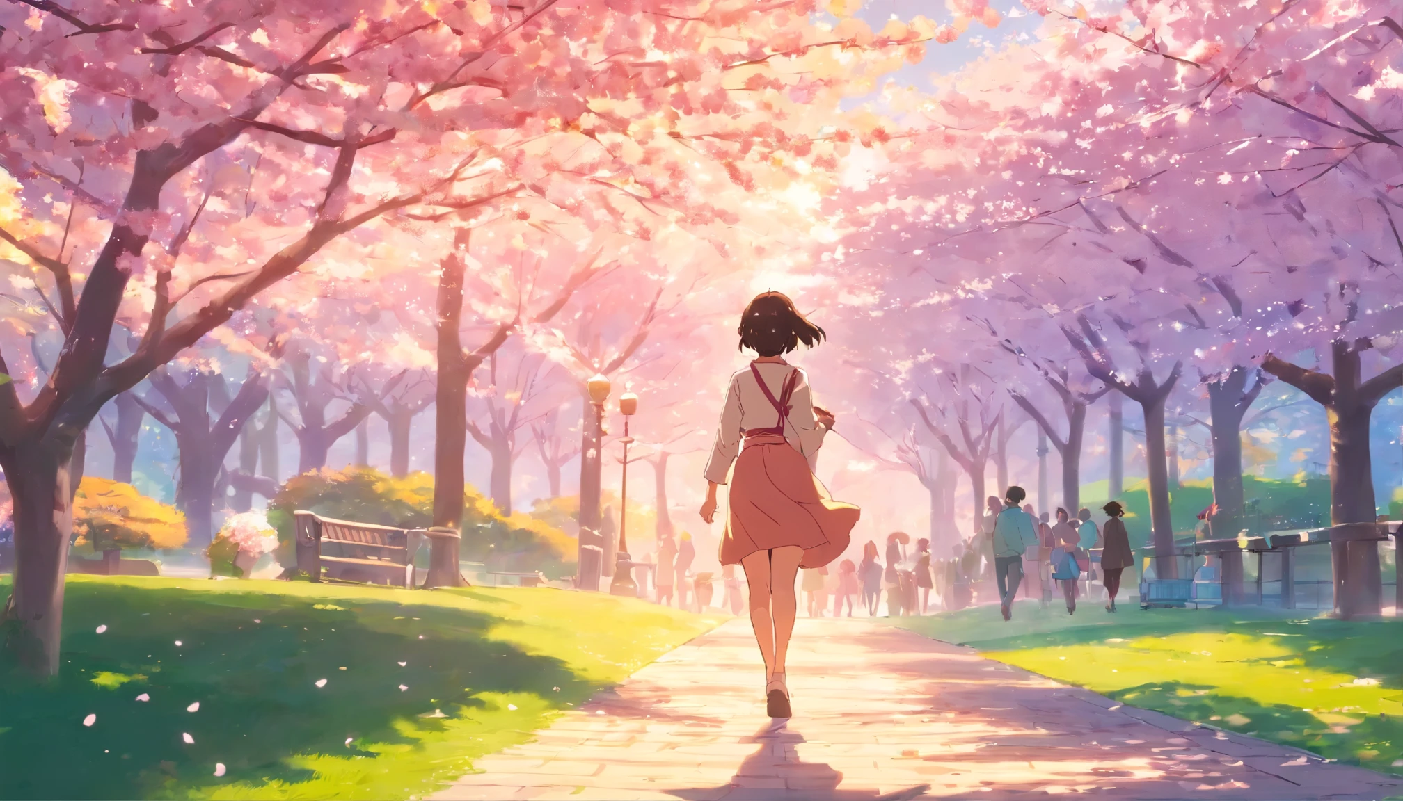 A woman walking in a park where cherry blossoms bloom、、cherry blossoms are dancing、spring、sunlight