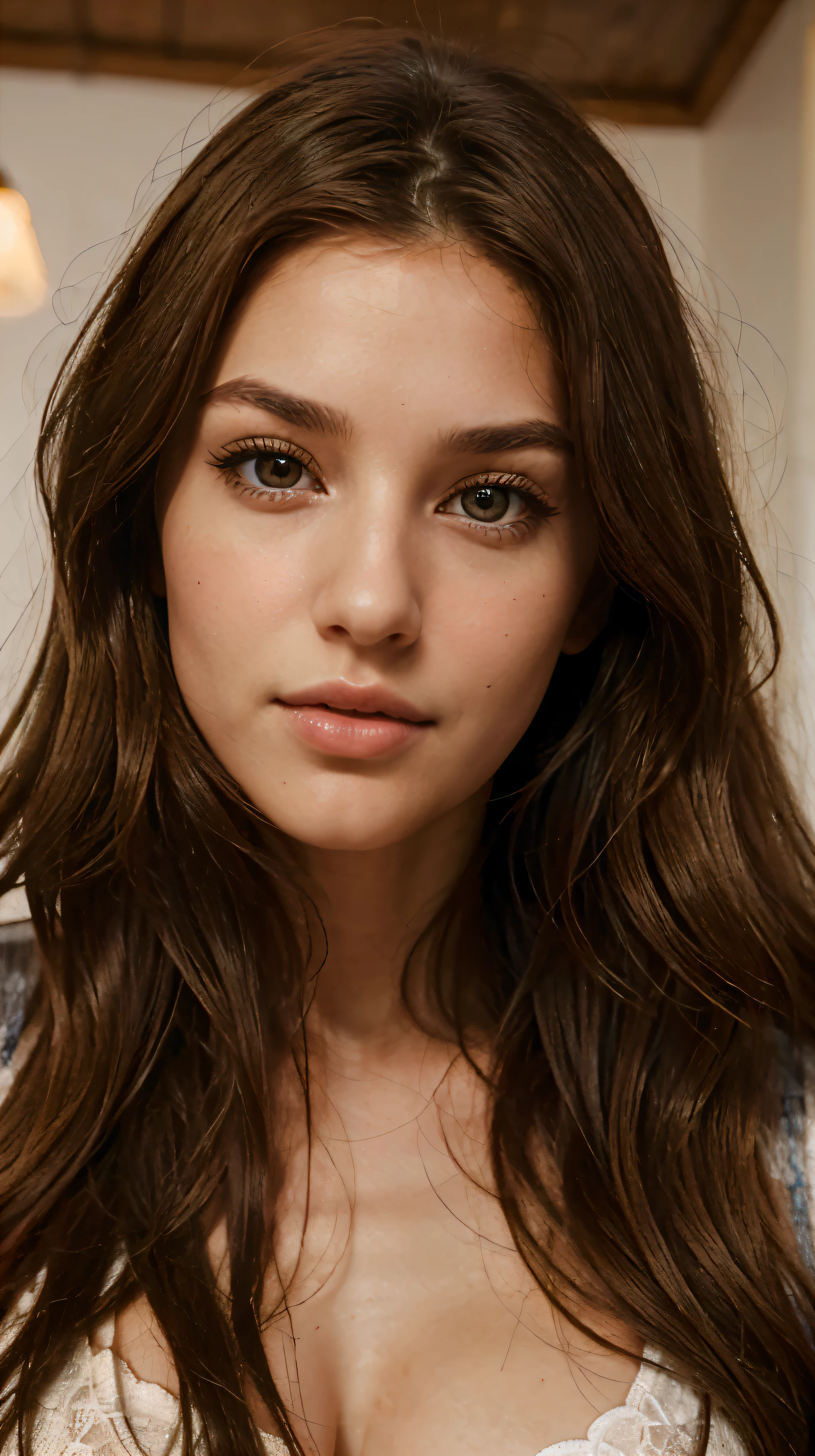 Mediterranean facial features. longo, ondulado, cabelo castanho, olhos cinzentos, corpo perfeito, A mulher mais bonita do mundo, boca macia e grande, nariz perfeito, fatal e hipnotizante, olhos puxados, Andando