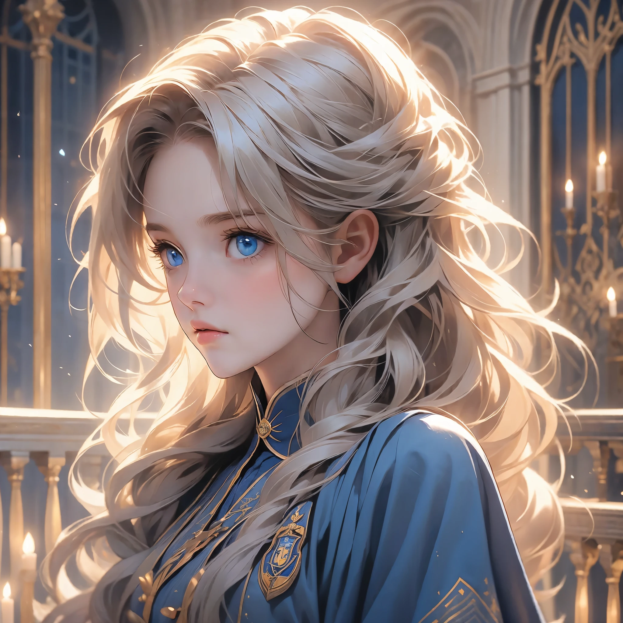 one girl,long golden hair,blue eyes,Delicate and beautiful face,Wearing Ravenclaw uniform,in hogwarts