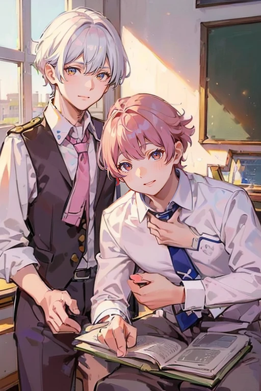 (muste piece), (best quality), very detailed, (((Two friendly high school boys:1.5))), perfect face, beautiful face, very detailed face，(white haired man:1.3)，(pink haired man:1.3)，School，classroom，student uniform，white uniform, tie，shirt, special A class anime,holding his face