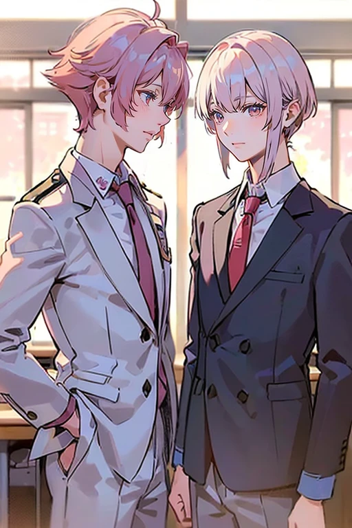 (muste piece), (best quality), very detailed, (((Two friendly high school boys:1.5))), perfect face, beautiful face, very detailed face,(white haired man:1.3),(pink haired man:1.3),School,classroom,student uniform,white uniform, tie,shirt, special A class anime,holding his face