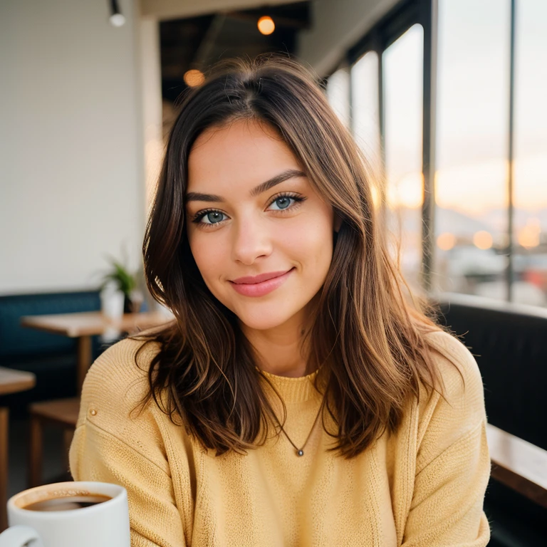 Cute beautiful blonde in a yellow sweater (Drinking coffee in a modern cafe at sunset), very detailed, 24-years-old, innocent face, natural wavy hair, blue eyes, High resolution, masterpiece, best quality, intricate details, very detailed, sharp focus, fine skin, realistice Hauttextur, texture, fine eyes, Professional, 4k, cute smile, taken with canon, 85mm, shallow depth of field, kodak vision color, perfectly fitted body, very detailed, photograph_\(ultra\), fotorealistic, realistic, Post-processing, maximum details, roughness, real life, ultrarealistic, photographrealismus, photographgrafie, 8k uh, photographgrafie