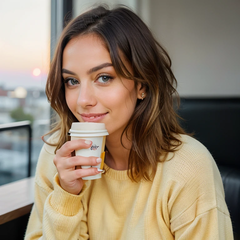 Cute beautiful blonde in a yellow sweater (Drinking coffee in a modern cafe at sunset), very detailed, 24-years-old, innocent face, natural wavy hair, blue eyes, High resolution, masterpiece, best quality, intricate details, very detailed, sharp focus, fine skin, realistice Hauttextur, texture, fine eyes, Professional, 4k, cute smile, taken with canon, 85mm, shallow depth of field, kodak vision color, perfectly fitted body, very detailed, photograph_\(ultra\), fotorealistic, realistic, Post-processing, maximum details, roughness, real life, ultrarealistic, photographrealismus, photographgrafie, 8k uh, photographgrafie