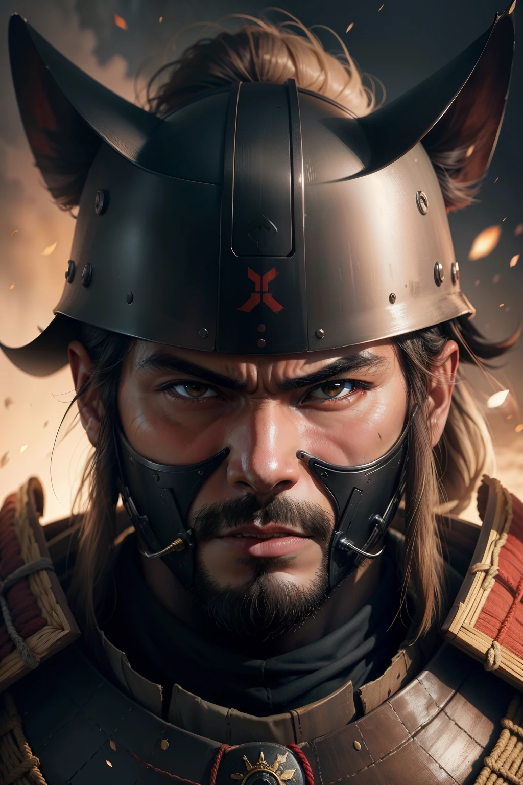 Retrato realista em close-up ultra HD，A samurai wearing a war mask, rugas ,Facial expressions show strong emotions