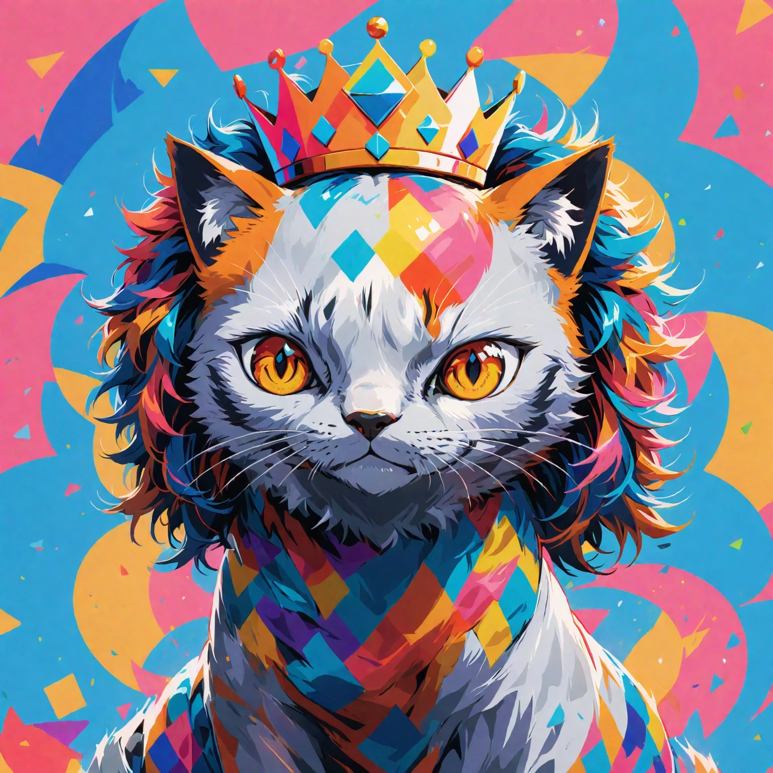 diy11，a crowned cat in a modern and pop art style, with geometric twists and rainbow hues seamlessly incorporated into the design
