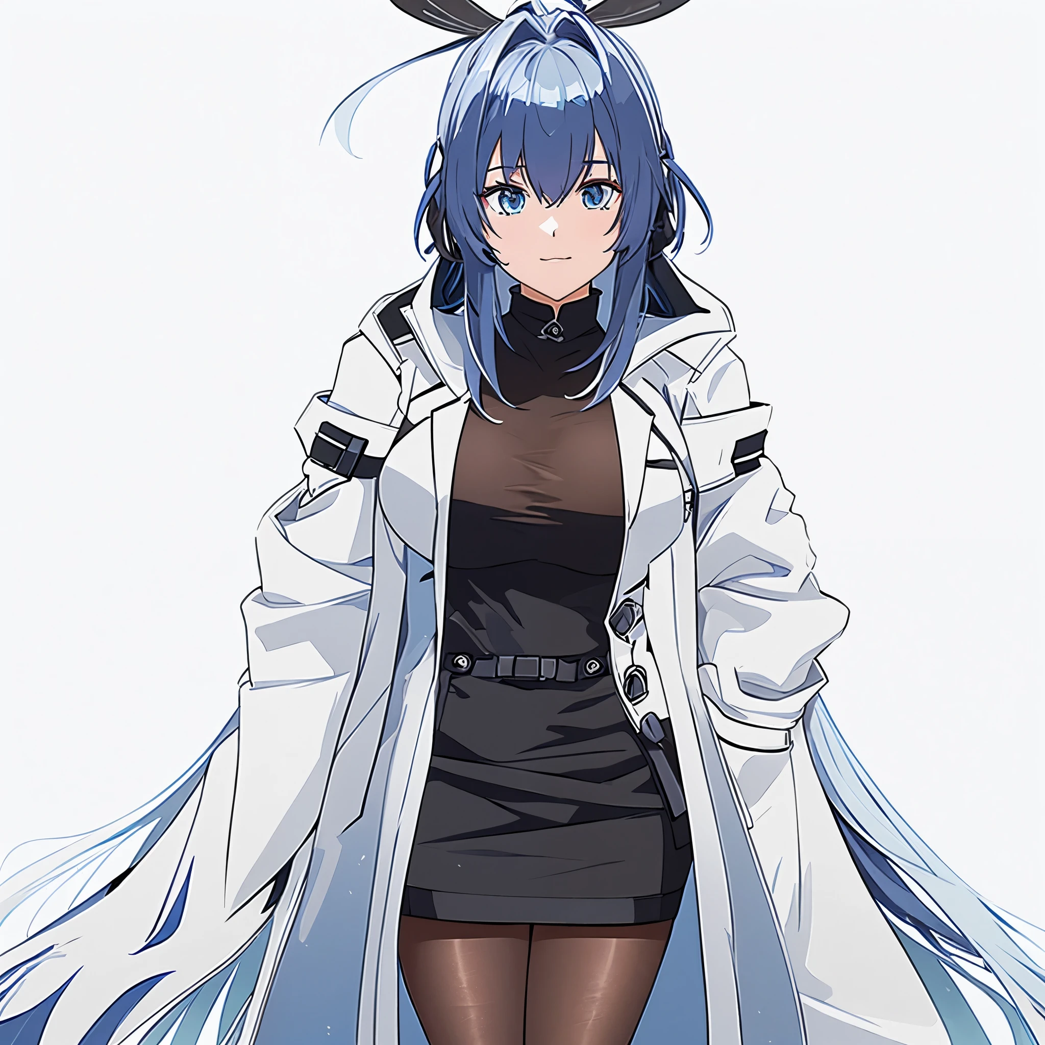 (best quality, highres, ultra-detailed, realistic:1.37), HDR, studio lighting, physically-based rendering, extreme detail description, professional, vivid colors, [bokeh], [portraits]
a woman wearing a (long white coat:1.1), (black coat:1.1), (blue shirt:1.1) inside, (short black skirt:1.1), (long black socks:1.1), (long navy blue hair:1.1), (blue eyes:1.1), in a (laboratory:1.1), with various research devices, [white wall]